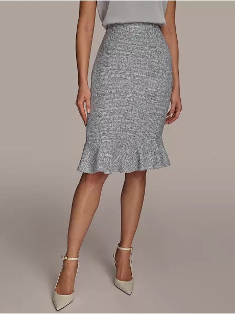 NEW Donna Karan New York Shimmery Gray Tweed Ruffle Hem Pencil Skirt - Size 10